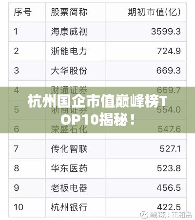 杭州國(guó)企市值巔峰榜TOP10揭秘！